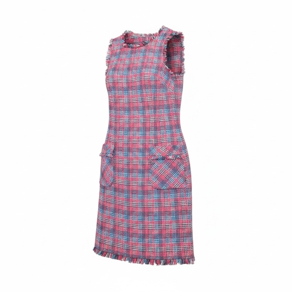 Boden Tweed Plaid Shift Dress Size 4 Sleeveless Fringe Pockets Preppy Academia
